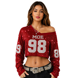 Camiseta Deportiva de Fútbol Americano con Lentejuelas, Estilo Y2K, Personalizada para Mujer, Manga Larga, Cuello en V, Brillante y Festiva - Product Image 1