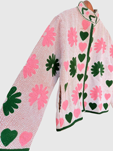 Chaqueta con cuello mandarín y apliques florales, manga larga, longitud regular, para mujer adulta, estilo cuadrado, estampada, de poliéster, para primavera. - Product Image 3