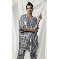 Ensemble coordonné de luxe en sequins argentés à franges pour femmes |   Tenue de soirée de créateur en deux pièces |   Pantalon large tendance