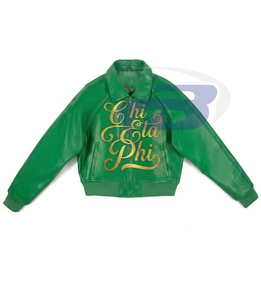 Veste universitaire personnalisée Chi Eta Phi en cuir PU vert pour femmes, veste d'hiver respirante et coupe-vent pour la sororité CEPhi - Product Image 1