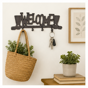 Vintage Cast Iron Welcome Wall <b>Hooks</b> Rustic Farmhouse Key Holder With 4 Decorative Boot <b>Hooks</b> For Entryway Mudroom Home Decor - Product Image 6