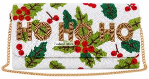 Beaded Striped Clutch <b>Bag</b> Red Green Fold Over Chain Strap Handmade Evening Party Style - Product Image 4
