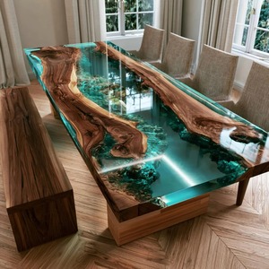 Table en bois et résine époxy faite à la main, table rivière haut de gamme à bord naturel pour mobilier de maison moderne et export en gros - Product Image 1