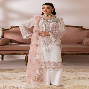 <b>White</b> Embroidered Ramsha Satrangi Quick Dry Salwar Kameez Pink Dupatta Wedding Dress Women Elegant FloorLength Indian Pakistani - Product Image 6