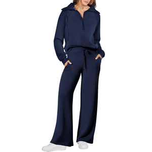 Conjunto Deportivo Casual de Dos Piezas para Mujer al por Mayor: Sudadera de Manga Larga con Media Cremallera y Pantalones Anchos con Cordón, Azul Marino - Product Image 1