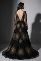 Robe de soirée élégante dos nu à sequins et col en V, coupe droite, écologique, longueur ras du sol, ornée de perles, manches longues, avec soutien-gorge intégré, pour invitées de mariage