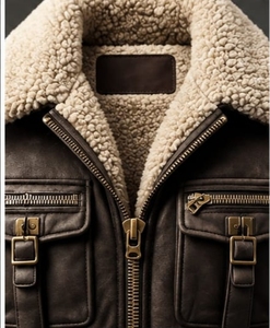 Chaqueta bomber de cuero para hombre con forro de piel sintética y cierre de cremallera - Product Image 2
