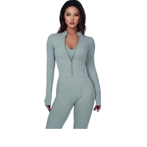 Women Ladies 3-Piece Yoga Suit Long Sleeve <b>Workout</b> Set <b>Jacket</b> Leggings Bra - Product Image 2