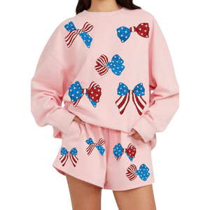 Sweat-shirt blanc à patchs uniques avec col rond et sweatshirts en coton éponge pour la fête nationale des États-Unis pour femmes et filles - Product Image 3