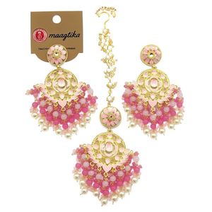 Gold Plated Kundan Stone and <b>Beads</b> Meenakari Dangler Earrings with Maangtikka Fine Jewelry <b>Sets</b> - Product Image 2