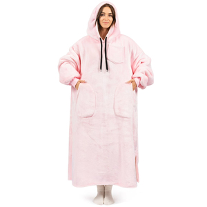 Oversized Soft Lined Printed <b>Hooded</b> <b>Fleece</b> Robe Long Sleeve Solid Color Women's Wearable <b>Blanket</b> Coat Autumn Winter Warm Pink - Product Image 5
