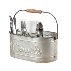 Porte-couverts vintage en métal galvanisé avec 4 compartiments et poignée en bois, organiseur de couverts de cuisine - Product Image 2