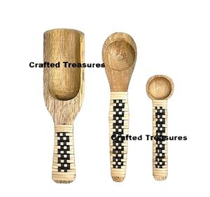 Latest Design Wooden small <b>spoons</b> Scoops Spices With rattan Woven Design Handle <b>Measuring</b> <b>Spoons</b> Housewarming Kitchen utensils - Product Image 5
