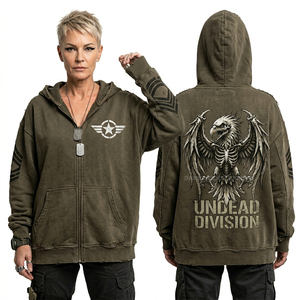 Sweat à capuche zippé pour femme, couleur anthracite délavé, avec motif squelette d'aigle, en molleton épais effet vieilli, vêtement d'extérieur, personnalisable en usine - Product Image 1