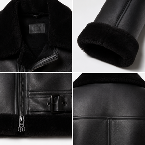 <b>Men's</b> Premium Matte Black Sheep Nappa Leather B-6 Aviator <b>Jacket</b> Wool <b>Shearling</b> Breathable Windproof Plus Size Autumn/Winter - Product Image 4