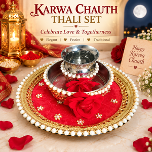 Juego de Thali para Karwa Chauth, 3 Piezas, Thali Decorativo para Pooja con Borde de Perlas, Detalles Dorados y Diseño Festivo - Product Image 2