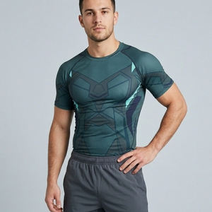 Men's Geometric Pattern Short Sleeve Compression Shirt Quick Dry Sporty Fit O-Neck Athletic Performance Top - Product Image 1