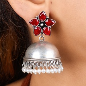 Factory Direct Red Stone <b>Oxidized</b> Silver Jhumka Earrings Handmade Pearl Drop Ethnic Traditional Indian Jewelry for Women - Product Image 2
