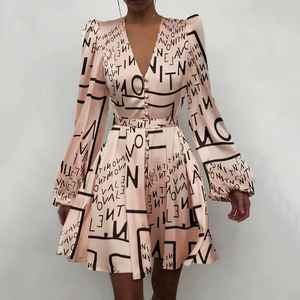 Robe Courte en Satin Col V Profond Manches Bouffantes Coupe Évasée Élégante pour Femme – Robe Décontractée Printemps Respirante Couleur Unie - Product Image 6