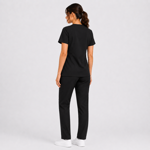 Women Black Medical <b>Scrub</b> <b>Set</b> Back View V Neck Healthcare Uniform Nurse Workwear Top And Pant - Product Image 1