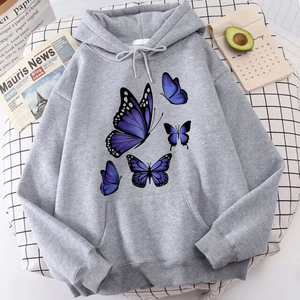 Sudadera con capucha para mujer, elegante y cómoda, con un moderno estampado gráfico de mariposa de los años 90 en color morado oscuro con logotipo personalizado. - Product Image 6
