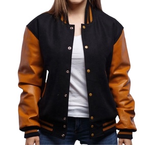 Veste universitaire classique en laine noire avec manches en cuir doré vieilli, col et poignets côtelés, grande taille, design OEM personnalisé, veste pour femme - Product Image 1