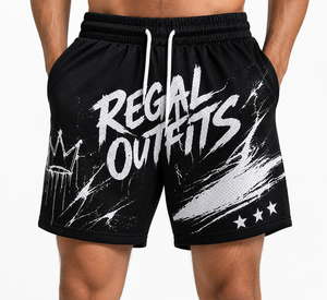 Regal Outfits <b>Men's</b> Black Mesh Basketball <b>Shorts</b> With <b>White</b> Logo Print Drawstring Waist Street Style <b>Short</b> <b>Shorts</b> - Product Image 1