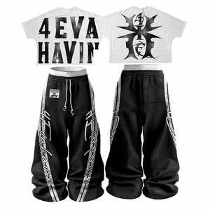 Conjunto de Dos Piezas, Camiseta Corta Estampada de Punto Sólido con Tachuelas y Pantalones Anchos de Estilo Urbano, Transpirables, de Verano, Unisex - Product Image 5