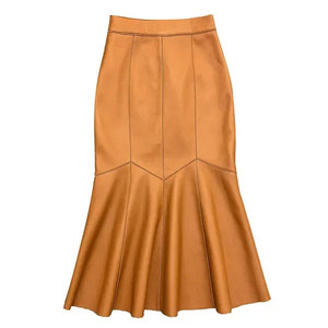 Jupe crayon taille haute en similicuir pour femme, couleur unie, mi-mollet, design plissé brillant, respirante, élégante, style toutes saisons - Product Image 1