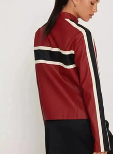 Sporty PU <b>Racer</b> <b>Jacket</b> With Color Blocking Stripes Stand Collar Zipper Closure Slim Fit Short Length Unisex Autumn Wear - Product Image 2