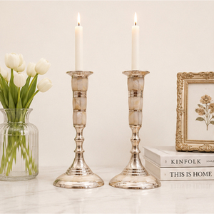 Juego de 2 Candelabros de Plata con Incrustaciones de Madreperla de Lujo, Decoración Moderna para el Hogar, Bodas, Navidad, Cenas - Product Image 6