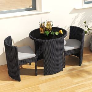 Ensemble bistrot moderne d'extérieur en rotin PE, 3 pièces, mobilier de patio en osier avec table à plateau en verre et chaises rembourrées pour balcon et jardin - Product Image 4