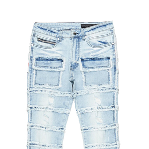 Pantalon en jean de coton pour homme de haute qualité, style streetwear, coupe droite, effet usé, déchiré, effet empilé, vente en gros - Product Image 6