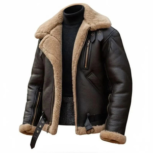 Vestes en cuir pour hommes doublées de fourrure avec doublure en fausse fourrure, fermeture éclair, ceinture, vestes en cuir doublées de fourrure pour l'hiver, fourrure tout-en-un - Product Image 1