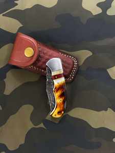 Couteau pliant artisanal en acier Damas, lame pleine longueur, ultra-affûtée, forgée à la main, pour le camping, avec manche en bois, OEM - Product Image 4