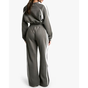 Conjunto Deportivo Gris a Rayas para Mujer, Manga Larga, Cuello Redondo, Corte Holgado, Informal, para Otoño, Transpirable, Material de Poliéster, Bolsillos Laterales - Product Image 2