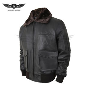 Chaqueta de Cuero Tipo Bomber Impermeable para Hombre, Personalizada, con Cierre de Cremallera, Decoración de Plumas y Ribete de Piel de Oveja - Servicio OEM - Product Image 3
