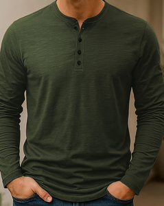Men's Comfortable And Soft Open-Barrel Button Small Stand-<b>Up</b> Collar Slim-Fit Long-Sleeved T-Shirt Suitable to Daily Work Outdoor - Product Image 1