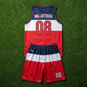 Ensemble de maillot et short de basket-ball personnalisé, couleurs bleu marine, blanc et rouge, respirant, en mesh, uniforme sportif - Product Image 6