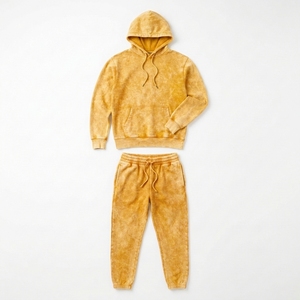 Conjunto Deportivo Unisex con Capucha de Poliéster/Algodón, Sudadera Amarilla con Efecto Lavado Ácido, Pantalones Deportivos de Corte Regular, Estilo Casual y Deportivo para Otoño - Product Image 1