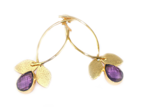 Boucles d'oreilles pendantes tendance en améthyste en forme de goutte d'eau, plaquées or 22 carats, pour femmes et jeunes filles, faites à la main, avec feuille texturée dorée et pierre précieuse - Product Image 3