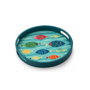 <b>Round</b> <b>Serving</b> <b>Tray</b> With Fish Pattern Painted Finish Handle For Residential Use - Product Image 1