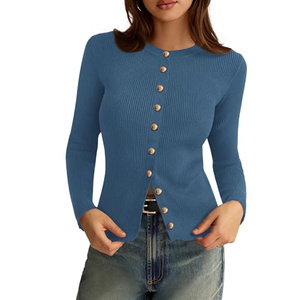 Cárdigan de algodón de moda para mujer, suéter liso informal de punto con cuello en V y manga larga, venta al por mayor, personalizado para mujer - Product Image 1