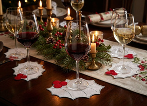 Serviettes de cocktail personnalisées brodées en coton blanc durable et réutilisable de 15x23 cm en forme de feuille de houx pour la maison et Noël - Product Image 2