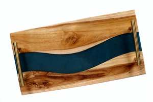 Bandeja de servir de madera natural y resina con asa de metal para desayuno, café, cocina, comedor y sala de estar, bandeja decorativa - Product Image 3