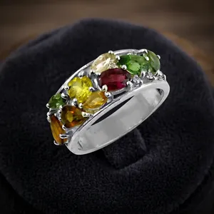 Sterling <b>Silver</b> <b>Garnet</b> Multi-Gemstone <b>Ring</b> Prong Setting Statement Jewelry Daily Wear Unisex Fine Jewelry - Product Image 1