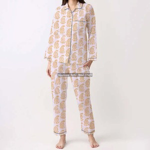 Pijama de algodón con estampado de bloque de mano, traje de noche Kurti primavera/verano Floral/personaje/letra/patrón/vacaciones/patrón de árbol de coco - Product Image 5