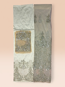 Tissu George blanc argenté perlé, brodé à la main avec des sequins épais, motif floral et vêtements de mariée de luxe - Product Image 3