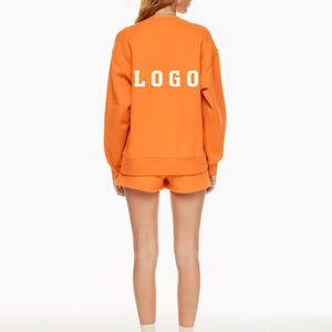 Conjunto de Sudadera Oversize de Cuello Redondo y Pantalones Cortos para Mujer, Color Naranja Sólido, Manga Larga, Ropa Casual, Deportiva, OEM, ODM, Venta al Por Mayor - Product Image 2