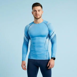 Men Custom Long Sleeve Front <b>Logo</b> Fitted O-Neck Compression Sporty Solid Jersey Polyester Quick Dry T-Shirt - Product Image 5